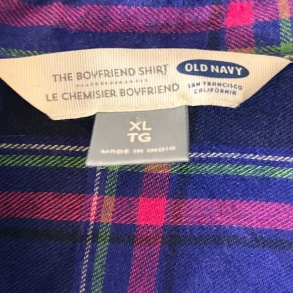 Old Navy The Boyfriend Shirt XL blue & pink plaid soft flannel cotton 1 pocket b - Picture 7 of 9